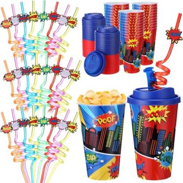 Imagem de Yungyan 36 conjuntos de copos de lembrancinhas de festa de heróis com tampas e canudos para decorações de aniversário, reutilizáveis, copos de plástico para doces de 473 ml, canudos de plástico para