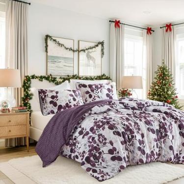 Imagem de Conjunto de edredom leve Seersucker Botanical Queen, com design reversível, conjunto de cama de microfibra premium, conjunto de edredom e fronhas, ameixa