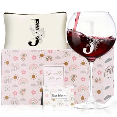 Imagem de Presentes de Natal para mulheres, taças de vinho com monograma com bolsa de maquiagem, presentes exclusivos de elefante branco de casamento para mãe, pai, irmã, professora, esposa, marido (J)