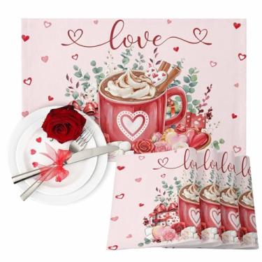 Imagem de Jogo americano de dia dos namorados, conjunto de 6 tapetes quentes de cacau quente, coração, rosas e folhas de eucalipto, para jantar, cozinha, férias, jantar, festa de casamento, aniversário