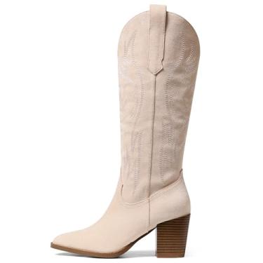 Imagem de AOSPHIRAYLIAN Botas femininas de camurça na altura do joelho para mulheres, bico fino, caubói, cowgirl, com bordado, sem cadarço, salto alto, botas ocidentais, Bege, 38