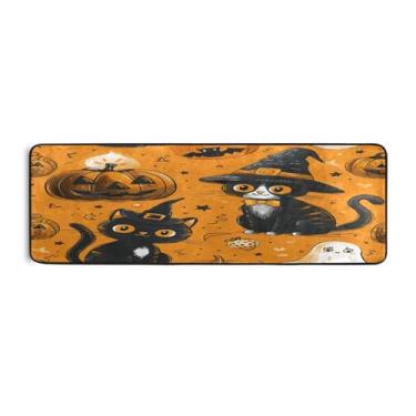 Imagem de Qilmy Tapete de corrida preto de Halloween para gatos e abóboras, 183 x 61 cm, antiderrapante, antifadiga, confortável, tapetes longos, para quarto, sala de estar, banheiro, corredores, Entrywa218