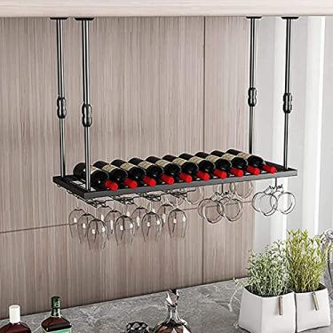 Imagem de Rack de vinho vintage, suporte de vinho de teto com altura ajustável, suporte para copos de vinho de ferro montado na parede, suporte preto para bares, restaurantes, cozinhas