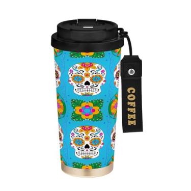 Imagem de STAYTOP Caneca de café colorida com isolamento de caveira de açúcar de 482 g, copo de café reutilizável de aço inoxidável com tampa flip à prova de vazamento à prova de vazamento para escritório