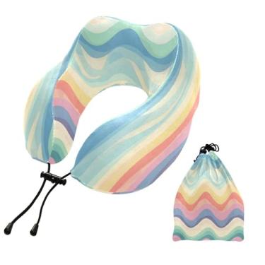 Imagem de CEBUGI Travesseiros de viagem portáteis em forma de U, travesseiro de pescoço de espuma viscoelástica com trava de corda ajustável para avião, viagem, trem, negócios, escritório, cochilo (cor ondulado