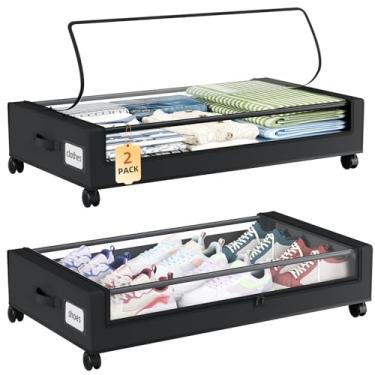 Imagem de Somdot Armazenamento sob a cama com rodas, 2 recipientes de armazenamento de cama com divisórias e tampas transparentes, gaveta de metal fácil de puxar para roupas, sapatos, brinquedos, cobertores