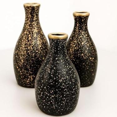 Imagem de Kit Trio 3 Vasos Decorativos Cerâmica Enfeite Decoração Elegante Casa Rack Conjunto Decorado Loja Estante Sala Cozinha(TRIO PRETO RESPINGOS DOURADO)