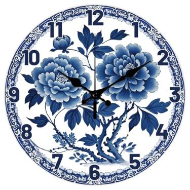 Imagem de CHGCRAFT Relógio de parede de porcelana azul e branco 30,5 cm relógio de flores peônia placa de madeira relógios decorativos redondos para quarto, sala de estar, cozinha, escritório