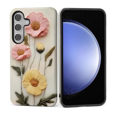 Imagem de Kapadiy Capa para Samsung Galaxy S25 FE, bordado falso, design floral, híbrido, proteção dupla, silicone + policarbonato rígido à prova de choque, capa protetora fina antiarranhões para homens e