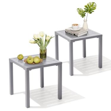 Imagem de Crestlive Products Conjunto de 2 mesas laterais de alumínio para ambientes externos, mesa lateral de poltrona de piscina, mesa de canto quadrada pequena resistente ao clima para pátio, quintal,