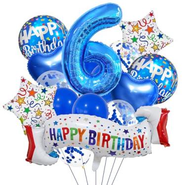 Imagem de Conjunto de decoração de 6º aniversário, balão de 6º coração azul, balão colorido de feliz aniversário de 6 anos para meninas, meninos, crianças, adultos, artigos de festa, meninos, azul, número 6