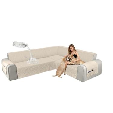 Imagem de ALIECOM Capas de sofá seccionais de canto, à prova d'água, laváveis, em forma de L, protetora, geométrica, jacquard, capa de móveis, com alça ajustável para cães de estimação (GG, cáqui claro)