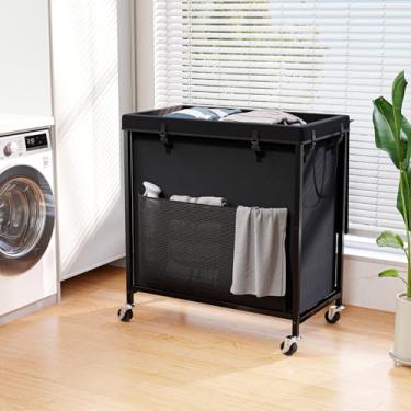 Imagem de Cesto de roupa suja com tampa, cesto de roupa suja de 154 litros com rodas, cesto grande e alto com moldura de metal e bolsa removível para estética de quarto, lavanderia, banheiro, dormitório-preto