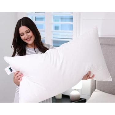 Imagem de Globon Travesseiro de plumas de luxo tamanho king, coleção de hotel média firme travesseiro de cama com capa 100% algodão, almofada de penas com suporte macio, 50 x 91 cm (1 pacote)