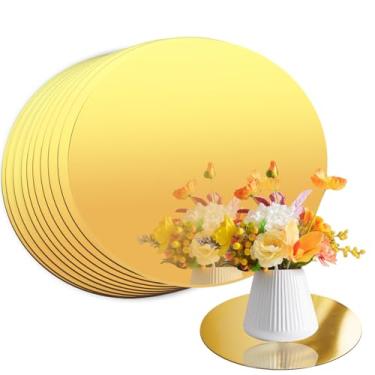 Imagem de 10 peças de centro de mesa de espelho redondo dourado para mesas bandeja de espelho círculo acrílico placa de vela para artesanato faça você mesmo casamento decoração de mesa de aniversário decoração