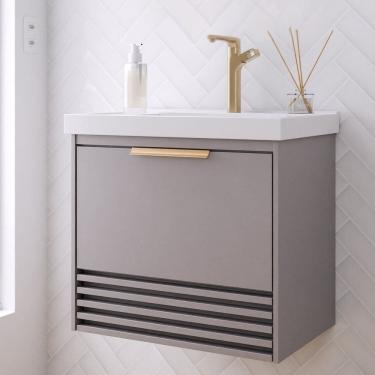 Imagem de Gabinete para Banheiro 60cm com 1 Porta 1 Gaveta e Cuba de Embutir Paraty Platina