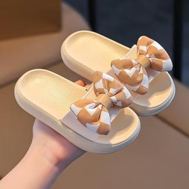Imagem de Chinelos infantis com laço – sapatos fofos com sola antiderrapante para meninas, chinelos de uso interno, Bege, 11-12 Little Kid