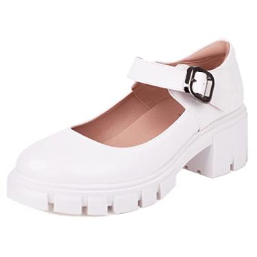 Imagem de XIEDA Mary Jane Shoes sapato feminino plataforma grossa Mary Janes tira no tornozelo salto baixo sapato social, Branco, 7.5