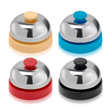 Imagem de 4 peças de campainha de 6 cm para serviço, campainha de mesa com estrutura de metal, campainha de som nítido e transparente para jogos de curiosidades na área de recepção de treinamento de cães (azul