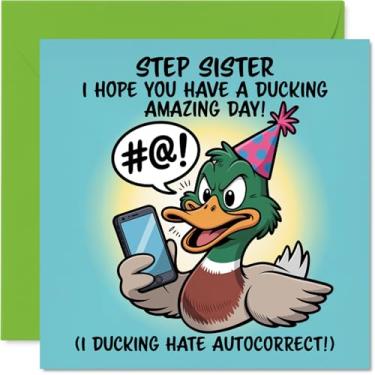 Imagem de Stuff4 Cartão de aniversário Step Sister - Ducking Amazing - Cartão de feliz aniversário para irmã passo do irmão irmão, piada de autocorreção de 14 cm, pato de desenho animado com cartões