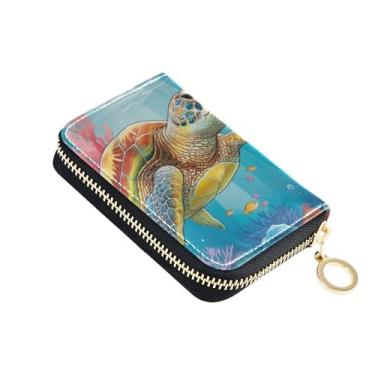 Imagem de Carteira feminina engraçada pequena com porta-cartões de crédito com bloqueio de RFID, tartarugas marinhas coloridas, corais, porta-moedas, com chaveiro