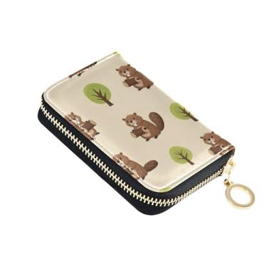 Imagem de Carteira feminina de couro, protetor de cartão de crédito, bloqueio de RFID, zíper ao redor, carteira masculina com bolso para moedas, lindos desenhos animados, castores, árvores, bege