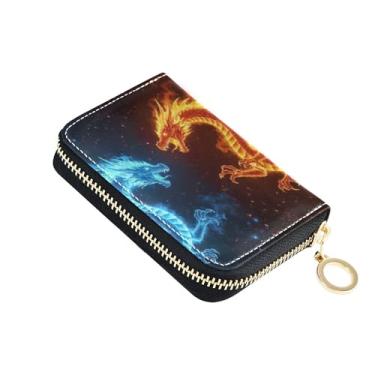 Imagem de GAIGEO Carteiras femininas de couro com bloqueio de RFID, dragões de desenho animado azul e vermelho, porta-cartões de crédito, bolsa divertida com zíper