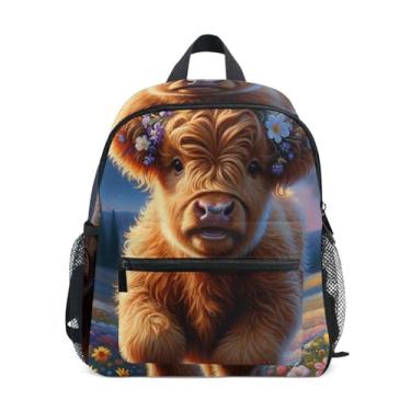 Imagem de GAIGEO Highland Cow Cattle Cute Floral Kids Backpack, 10x4x12 In, Backpack for Toddler Boys Includes Water Bottle Pockets, Whistle Clip for Safety