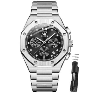 Imagem de OLEVS Relógio de pulso masculino de aço inoxidável, à prova d'água, luxuoso, com data, casual, azul/preto/dourado/prata Reloj para Hombre, Mostrador preto com pulseira prata, Round, Relógio masculino