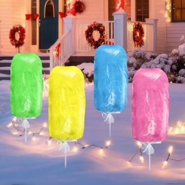 Imagem de Soulchen Pacote com 4 placas de Natal, algodão, doce, gramado, quintal, marshmallow, decoração de quintal com estacas, saco plástico transparente e amarelo, rosa, verde, azul, enchimento para