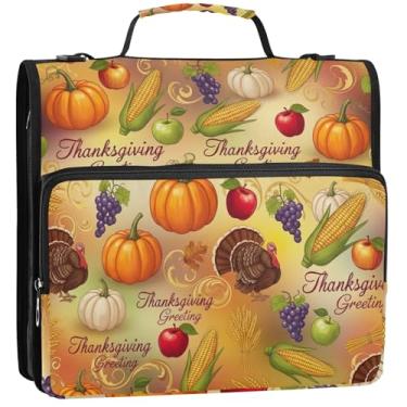 Imagem de Abóboras vintage de Ação de Graças com 3 argolas para fichários resistentes com zíper bolsa organizadora de fichários escolares com alça de ombro para portfólio comporta 500 lençóis, 34,5 x 31,5 x 9