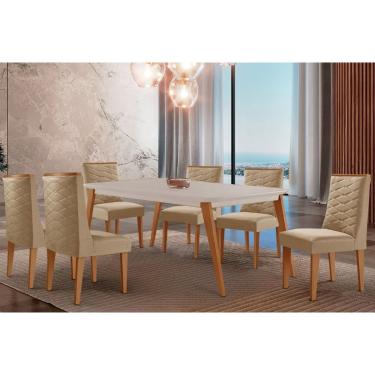 Imagem de Sala Jantar Mesa Havana Tampo c/ Vidro Curvo 180cm+6 Cadeiras Dafne Madeira Naturale/Off White - Capuccino/Linho Bege - Rufato