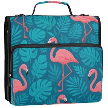 Imagem de Flamingos Folhas Tropicais Azul Petróleo 3 Anéis Fichários Resistentes Zíper Organizador de Fichários Escolares Bolsa com Alça de Ombro Vários Bolsos Pasta Grande Portfólio, 34,5 x 31,5 x 9 cm