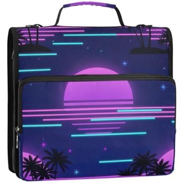 Imagem de Pasta organizadora de fichário retrô neon roxo gradiente sol 3 polegadas com zíper resistente bolsa de fichário para ensino médio com alça estojo de armazenamento durável com alça, 34,5 x 31,5 x 8,9
