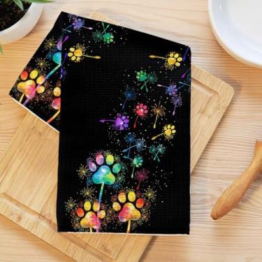 Imagem de Toalhas de cozinha coloridas de pata de cachorro, toalha de prato de microfibra absorvente decorativa de dente-de-leão, toalhas de mão de trama de waffle para casa de banho, cozinha, presentes para