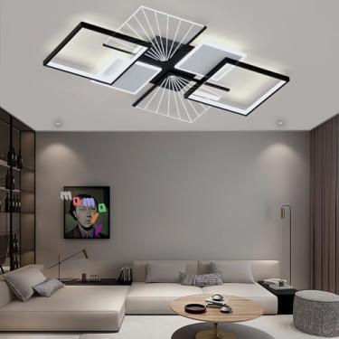 Imagem de Luminária de teto inteligente de caixa grande de 35,43 polegadas, dimerizável, moderna, LED, com controle remoto, estrutura em metal e acrílico, ideal para sala de estar, quarto e cozinha (A