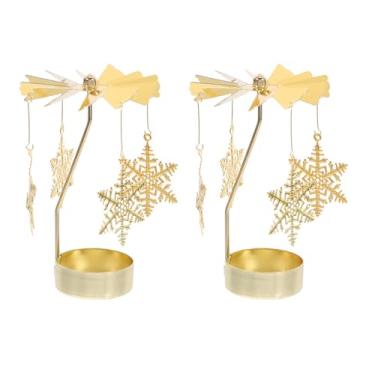 Imagem de COOLHIYA 2 peças de castiçais giratórios de Natal giratórios decoração de Natal moinho de vento de metal dourado design de floco de neve elegante mesa de jantar centro de mesa decoração de férias para