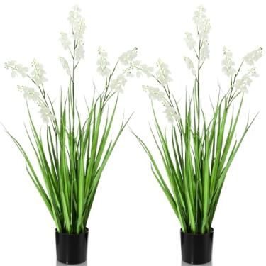 Imagem de Jexine 2 peças de planta de grama artificial de 90 cm de altura em vaso com lírio do vale, grama de pampa sintética alta em vaso para presente de inauguração de casa, jardim, banheiro, lobby