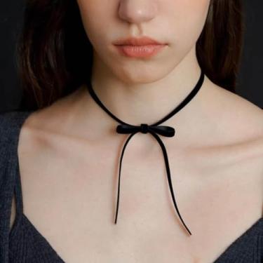 Imagem de Boho Colar com laço de veludo preto de camurça preta, gargantilha vintage de veludo, colar de fita de cetim ajustável, joia feminina, One Size, Zinco, Sem Pedra Preciosa