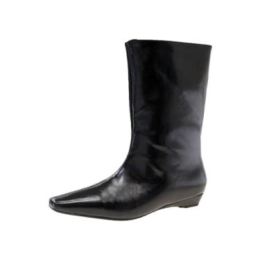 Imagem de Lymphvity Botas femininas de bico fino, cano médio, cano médio, cano largo, salto baixo, botas longas de couro, sem fecho, para festa, Preto, 36