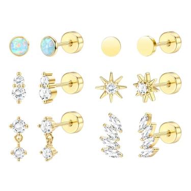 Imagem de Fansilver 6 pares de brincos hipoalergênicos e lisos banhados a ouro 14 K para mulheres, brincos modernos de cartilagem pequena, conjunto de brincos de aço cirúrgico CZ Helix Conch Tragus Piercing