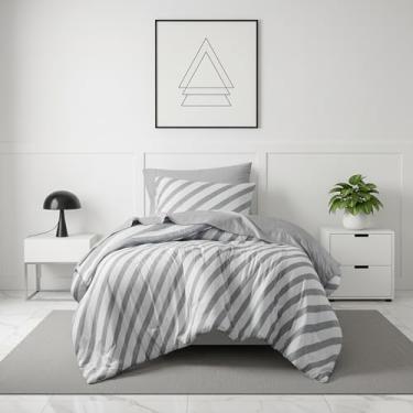 Imagem de Jogo de cama de solteiro listrado reversível em uma bolsa, 5 peças com design de listras de dupla face - jogo de cama quente e aconchegante inclui edredom de solteiro, conjunto de lençóis, fronha e