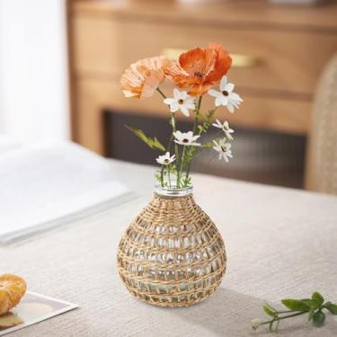 Imagem de Cabilock Vaso de vidro tecido feito à mão com pescoço estreito para decoração de mesa de casa material de alga marinha frasco de flores adequado para jantar e decoração de escritório