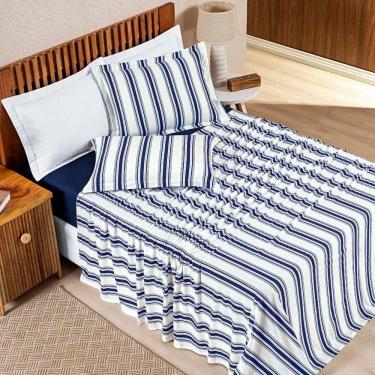 Imagem de Jogo Cama Lençol Daily Queen Malha 100% Algodão Listrado 4 Peças - Azul Marinho