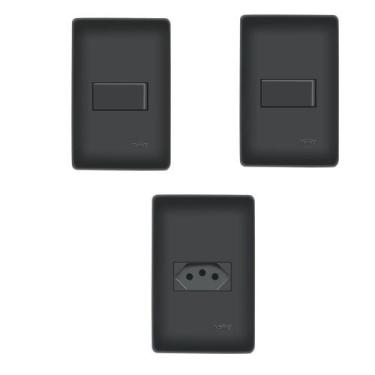 Imagem de Kit Interruptor Simples + Tomada 10A Preto Com Placa Habitat - FAME
