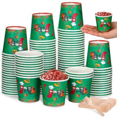 Imagem de Teenyyou 200 peças de decorações de festa Chili Cook off, 100 peças de copos de degustação de chili Cook off copos de papel descartáveis e 100 colheres de madeira para suprimentos de festa de cozinha