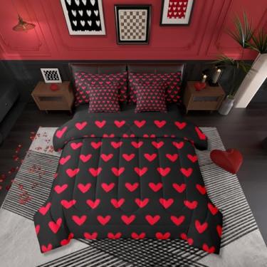 Imagem de Erosebridal Jogo de edredom com estampa de coração vermelho e preto para meninas e mulheres, lençol com desenho geométrico, amor, coração, decoração de quarto