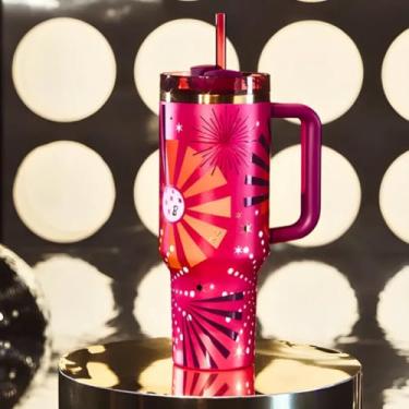 Imagem de Garrafa térmica de aço inoxidável rosa com boneca, 1200 ml, com tampa e canudo personalizável (Fogos de artifício)