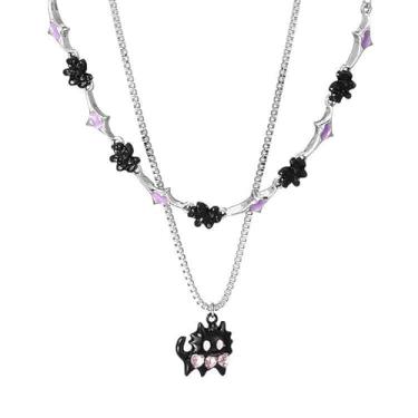 Imagem de Colar de gato preto para mulheres, colar com pingente de prata de camada dupla, joia estilo fantasia gótica para meninas adolescentes