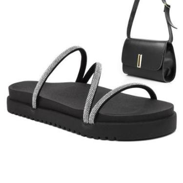 Imagem de Papete Feminina Com Brilho Strass Rasteirinha e Bolsa Transversal Elegante Outlet-Feminino